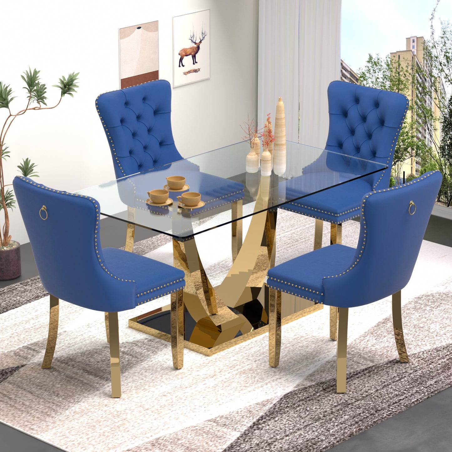 Sumdeal 63" Modern Tempered Glass Dining Room Set , Kitchen & Dining Room Glass Table with Velvet Dining Chairs,Glass Dining Table Set for 4,Glass Dining Table sets for 6