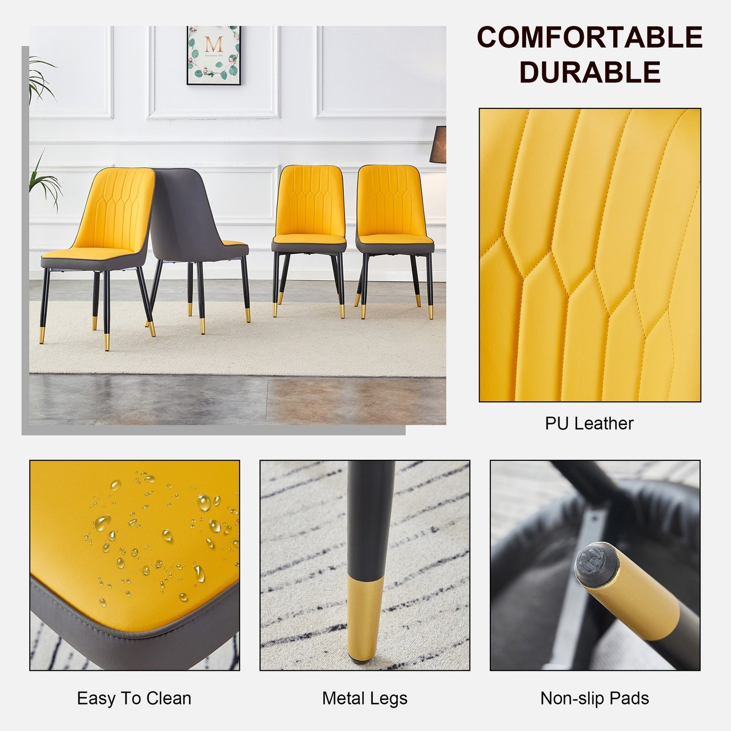 Sumdeal Yellow and Grey PU Leather Dining Chairs Set of 4 with Black Legs - product image 6