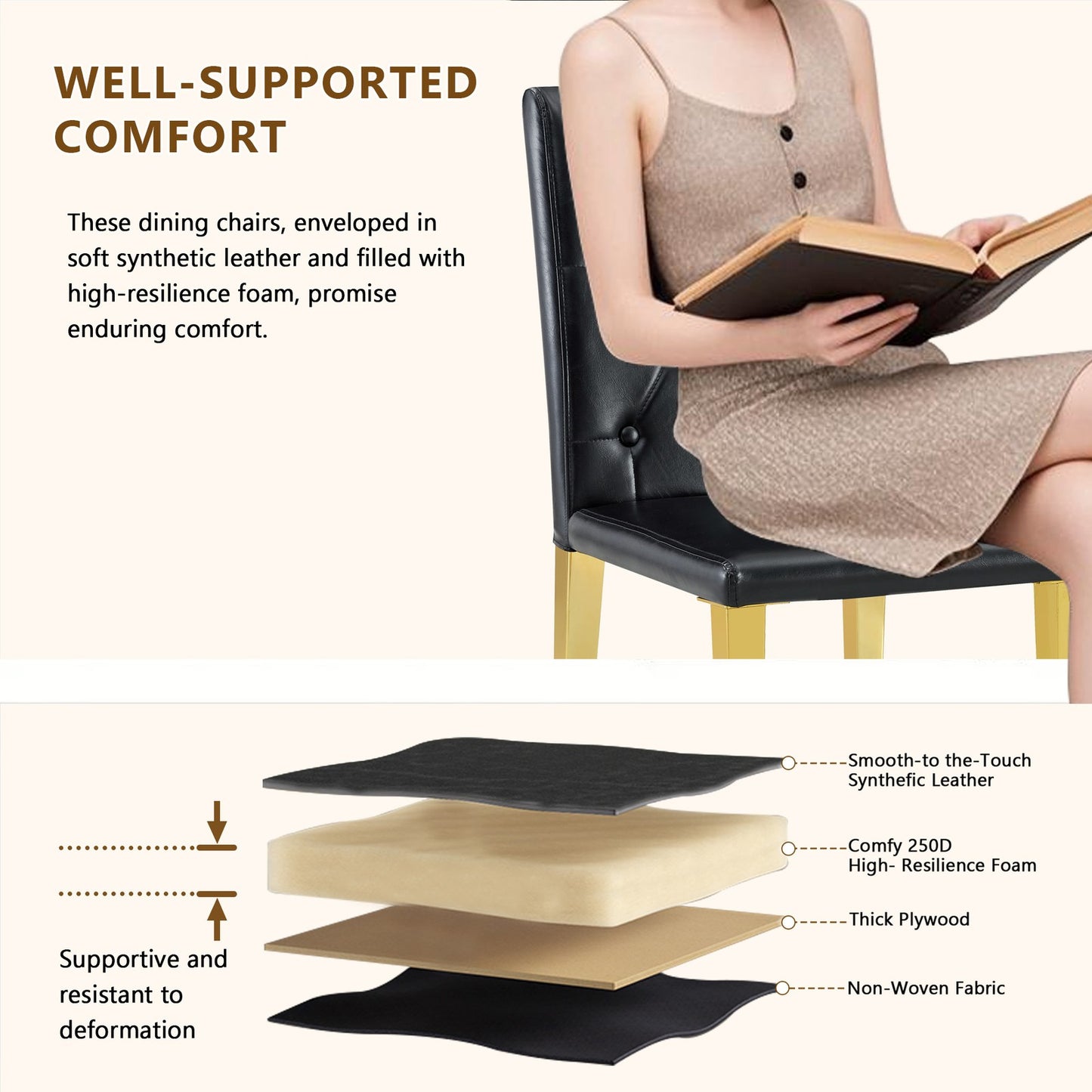 Sumdeal Black and Gold PU Leather Dining Chairs Set of 2 with Gold Legs - product image 6