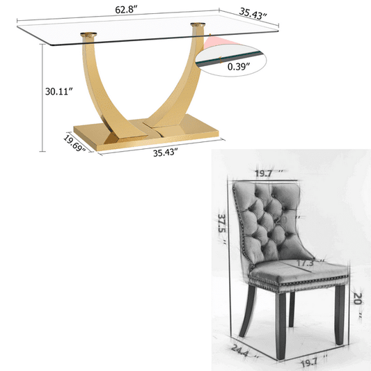 Sumdeal 63" Modern Tempered Glass Dining Room Set , Kitchen & Dining Room Glass Table with Velvet Dining Chairs,Glass Dining Table Set for 4,Glass Dining Table sets for 6