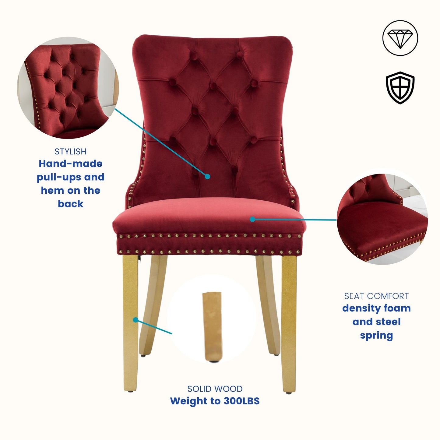 Sumdeal Mid-Century Modern Dining Chairs with Lion Head Pull Ring - High-End Tufted Velvet Upholstered Accent Chairs with Golden Legs & Nailhead Trim