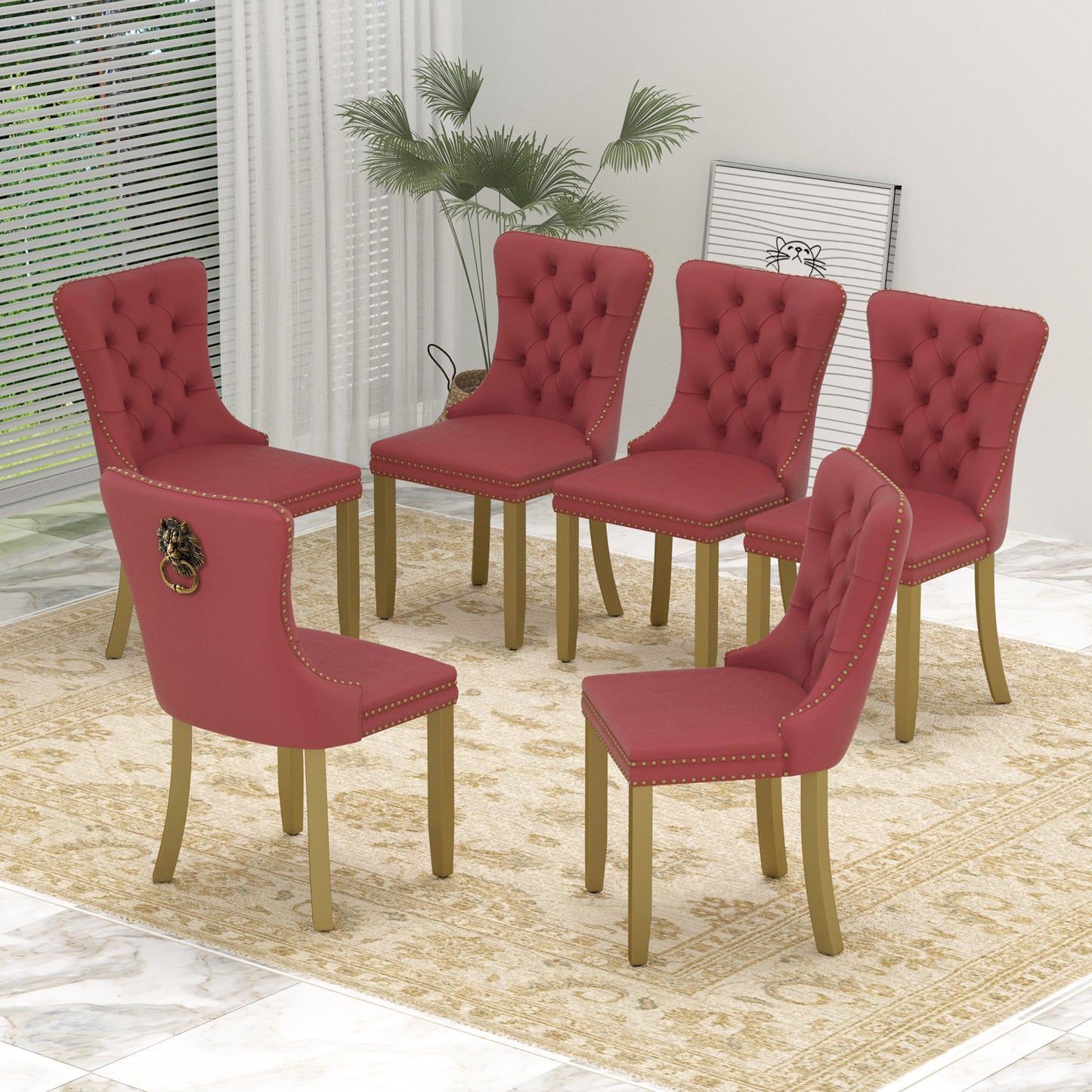 Sumdeal Mid-Century Modern Dining Chairs with Lion Head Pull Ring - High-End Tufted Velvet Upholstered Accent Chairs with Golden Legs & Nailhead Trim