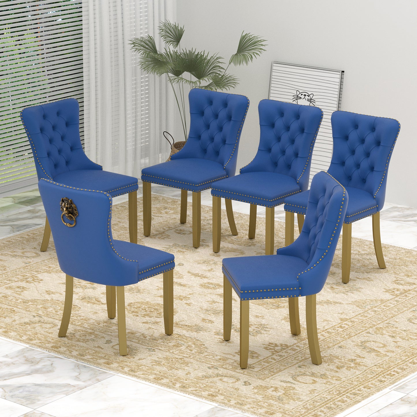Sumdeal Mid-Century Modern Dining Chairs with Lion Head Pull Ring - High-End Tufted Velvet Upholstered Accent Chairs with Golden Legs & Nailhead Trim