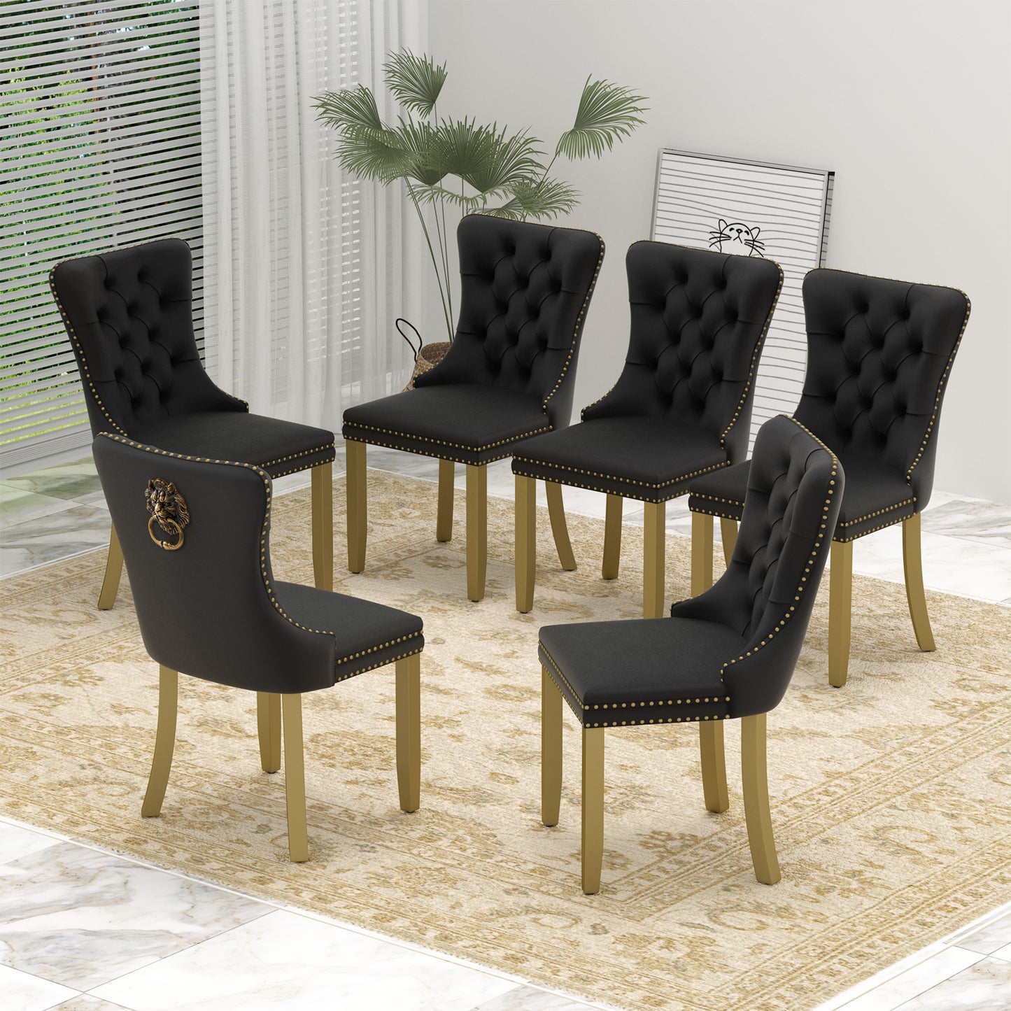 Sumdeal Mid-Century Modern Dining Chairs with Lion Head Pull Ring - High-End Tufted Velvet Upholstered Accent Chairs with Golden Legs & Nailhead Trim