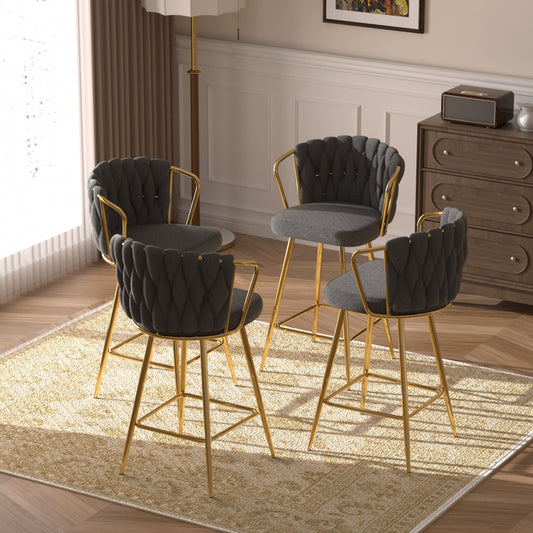 Sumdeal Modern Design High Stool Set of 2/Set of 4 - Gold Plated Legs, Linen Bar Chairs for Kitchen, Dining, Cafe, Bar, Restaurant,White/Gray