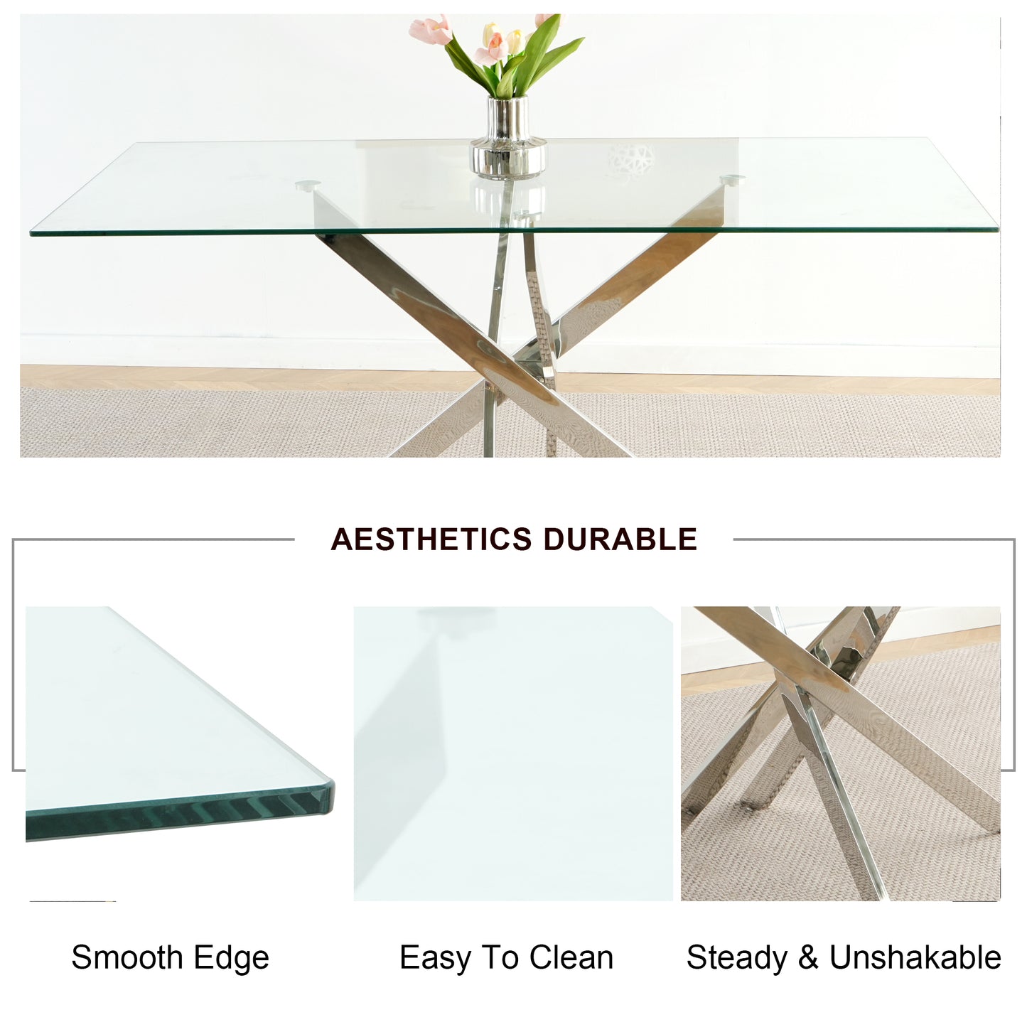 Sumdeal 63" Modern Glass Dining Table Room Sets for 6,Glass Dining Table with Velvet Dining Chairs