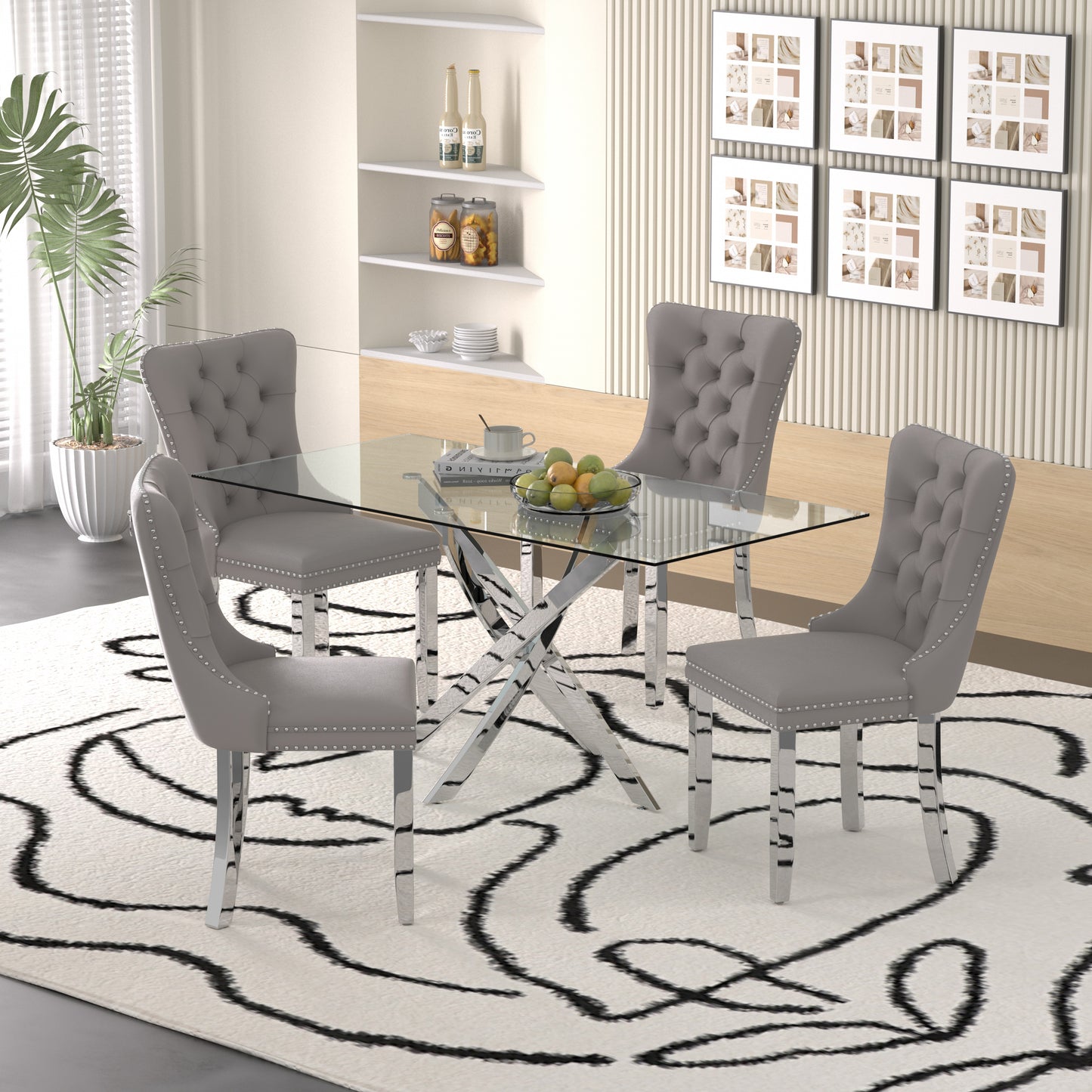 Sumdeal 63" Modern Glass Dining Table Room Sets for 6,Glass Dining Table with Velvet Dining Chairs