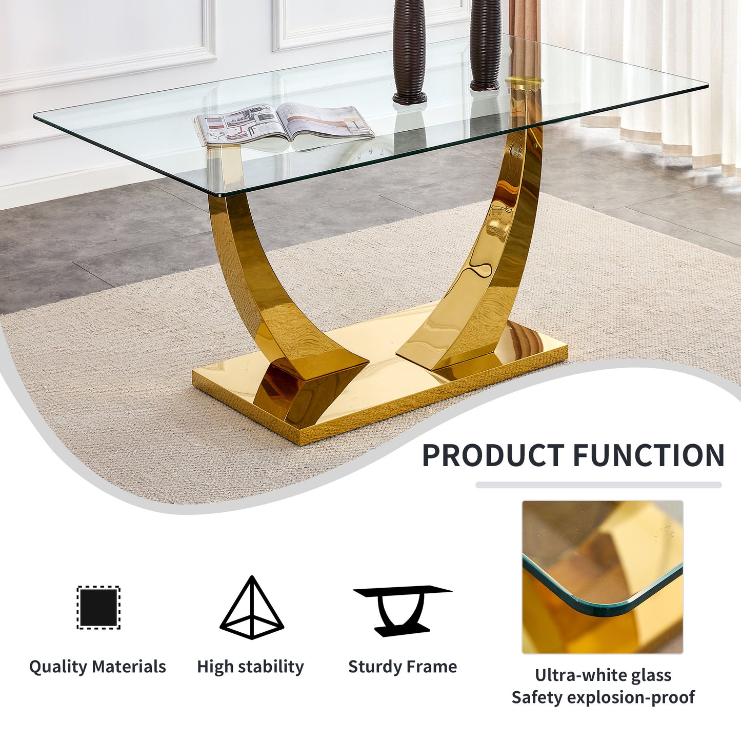 Sumdeal 63" Modern Tempered Glass Dining Table, Kitchen & Dining Room Glass Tables with U-Shape Stainless Steel Base, Clear Glass Dining Pedestal Table for4-6 people,