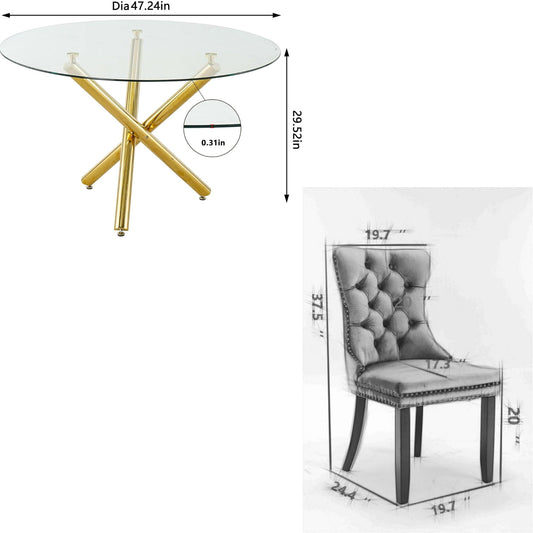 Sumdeal Modern 47" Round Glass Dining Table and 4 Velvet Upholstered Chair Set,Cylindrical table legs