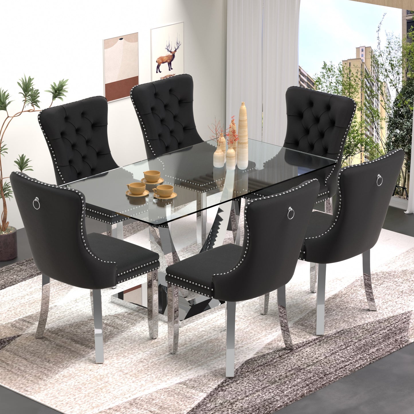 Sumdeal 63" Modern Tempered Glass Dining Room Set , Kitchen & Dining Room Glass Table with Velvet Dining Chairs,Glass Dining Table Set for 4,Glass Dining Table sets for 6