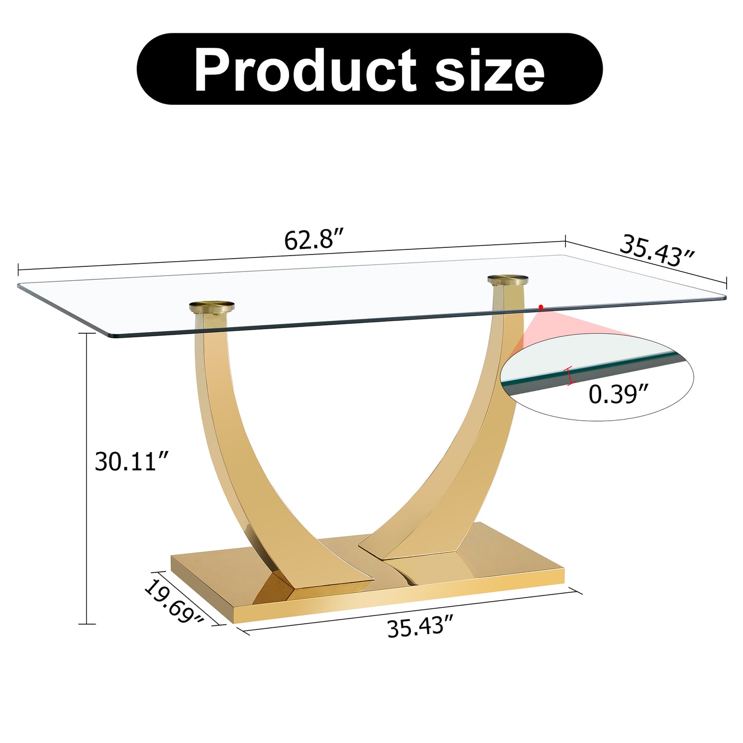 Sumdeal 63" Modern Tempered Glass Dining Table, Kitchen & Dining Room Glass Tables with U-Shape Stainless Steel Base, Clear Glass Dining Pedestal Table for4-6 people,