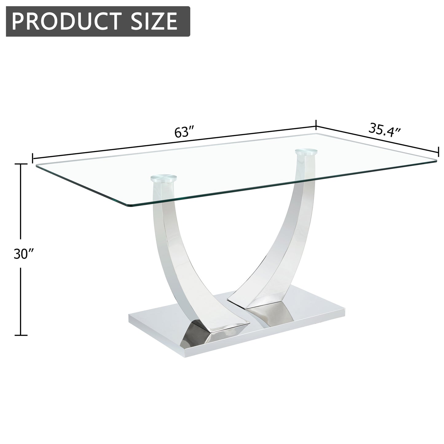 Sumdeal 63" Modern Tempered Glass Dining Table, Kitchen & Dining Room Glass Tables with U-Shape Stainless Steel Base, Clear Glass Dining Pedestal Table for4-6 people,
