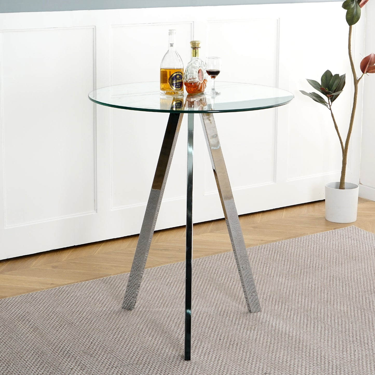 Sumdeal 31.5" Modern Round Glass Bar Table - Tempered Glass Top, Chrome Metal Legs, Clear Bar Table for Kitchen, Restaurant