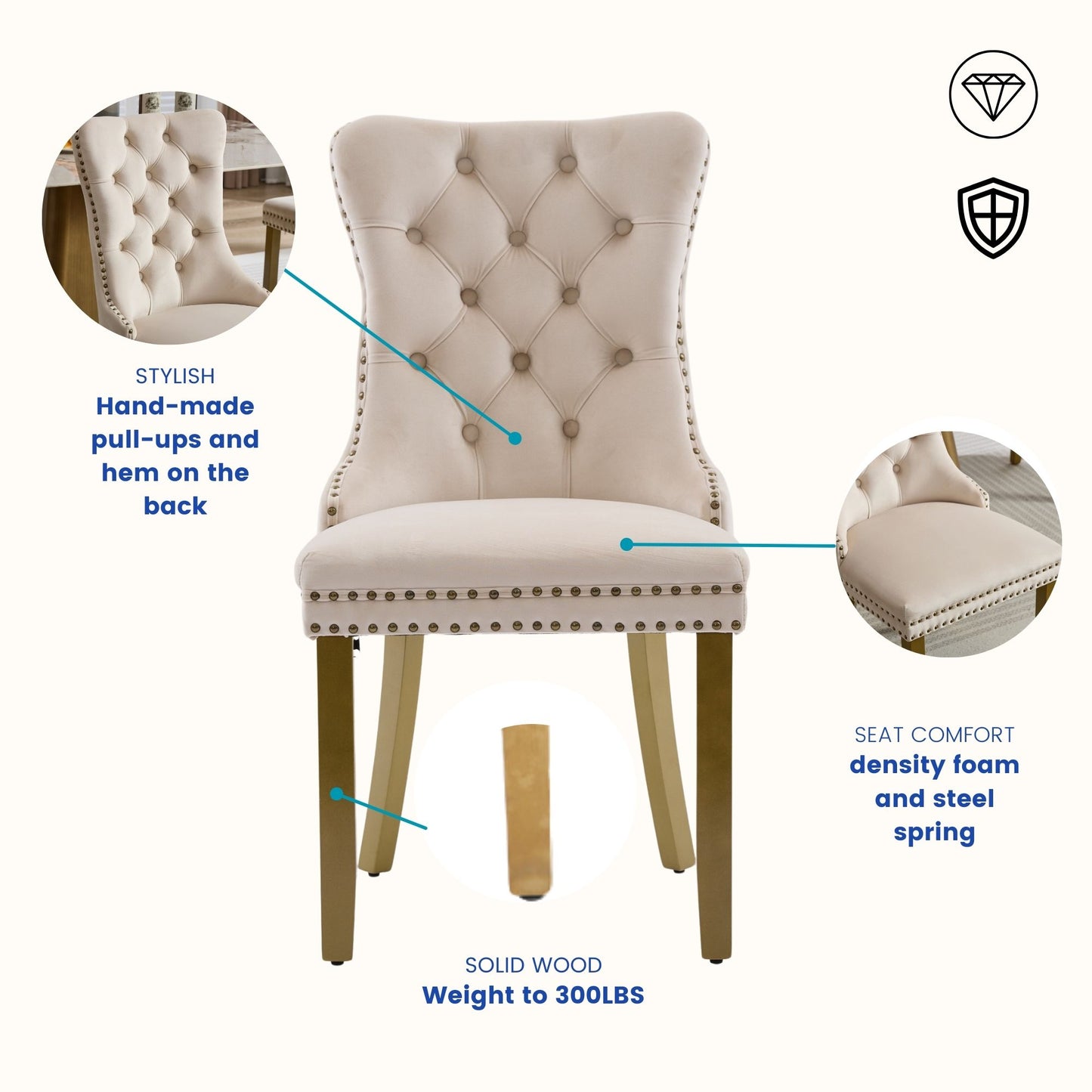 Sumdeal Mid-Century Modern Dining Chairs with Lion Head Pull Ring - High-End Tufted Velvet Upholstered Accent Chairs with Golden Legs & Nailhead Trim