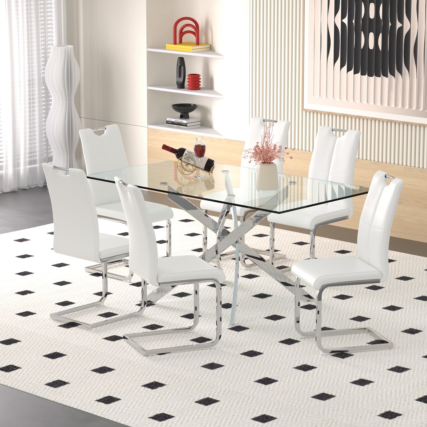 Sumdeal 63" Glass Dining Table Set for 6,Silver Base Dining Room Table with 6 Silver Leg C Shape Chairs