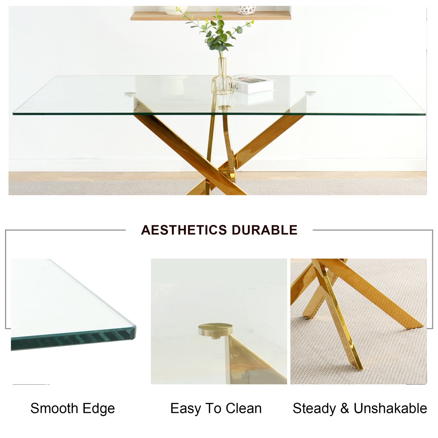 Sumdeal 63" Modern Glass Dining Table Room Sets for 6,Glass Dining Table with Velvet Dining Chairs