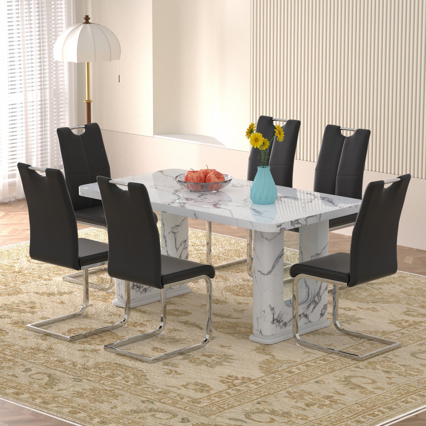 Sumdeal Modern 64.5 Inch Marble Textured Dining Table with 4/6 Faux Leather Upholstered Chairs - Elegant Kitchen and Dining Room Set