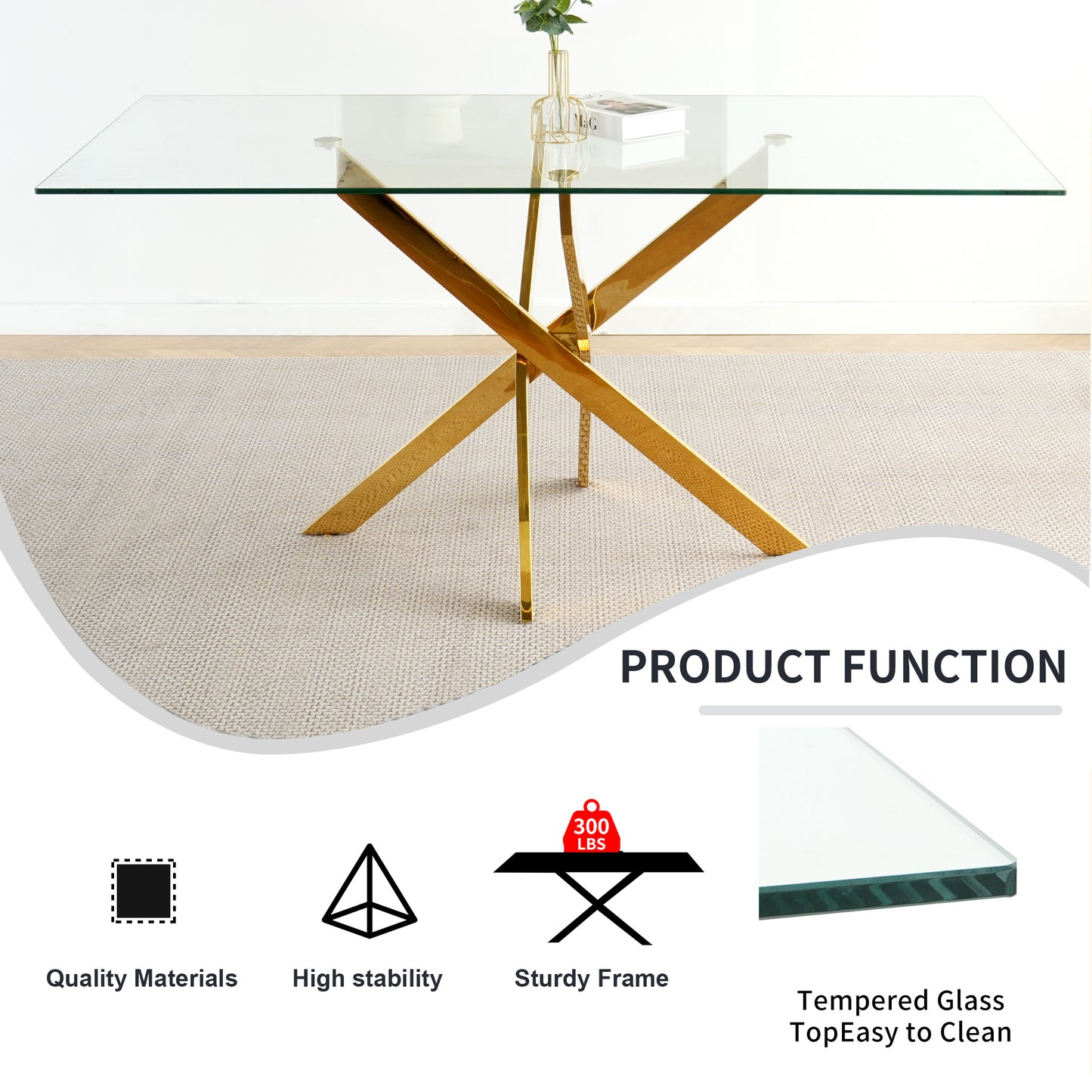Sumdeal 63" Modern Glass Dining Table Room Sets for 6,Glass Dining Table with Velvet Dining Chairs