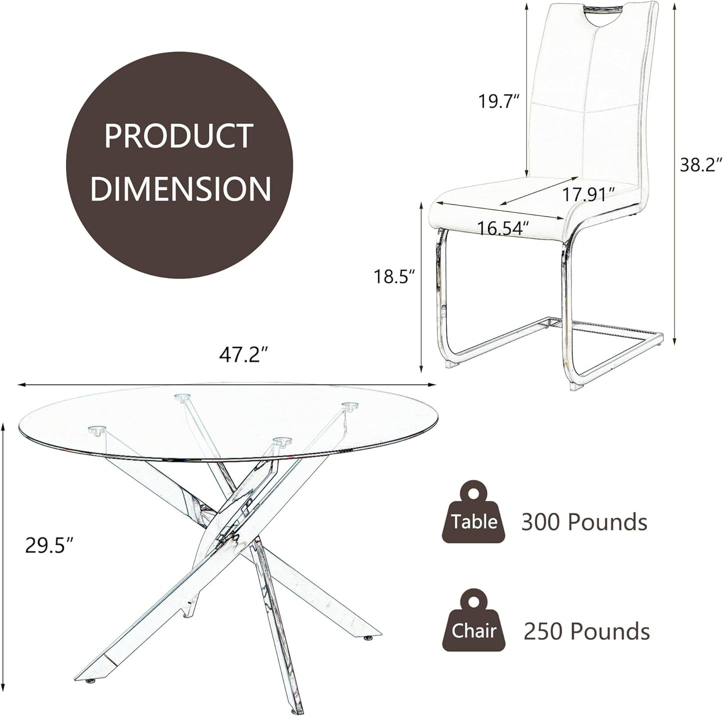 Sumdeal 47" Modern Round Glass Dining Table Room Sets for 4,Dining Table with 4 PU Leather Dining Chairs
