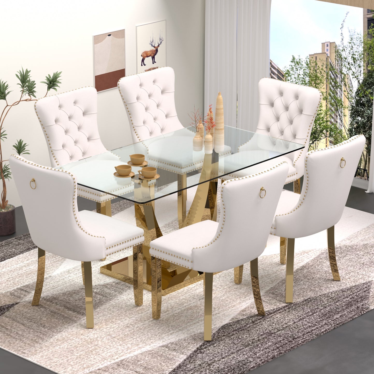 Sumdeal 63" Modern Tempered Glass Dining Room Set , Kitchen & Dining Room Glass Table with Velvet Dining Chairs,Glass Dining Table Set for 4,Glass Dining Table sets for 6