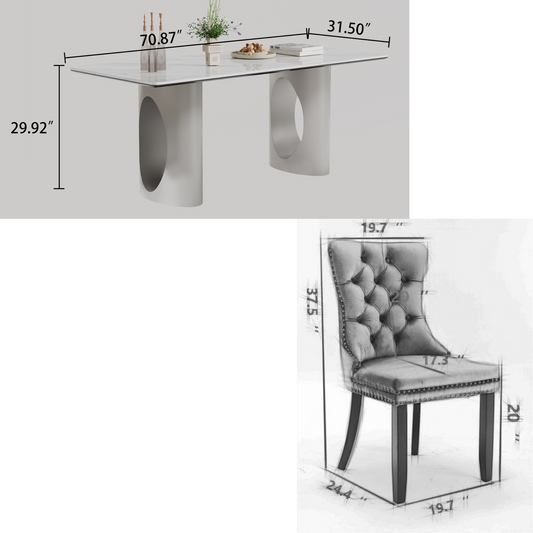 Sumdeal 71" Black base White Sintered Stone Dining Table with Velvet Upholstered Chairs Set of 4,Set of 6,Set of 8
