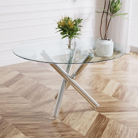 Sumdeal Modern 47" Round Glass Dining Table with Cylindrical legs