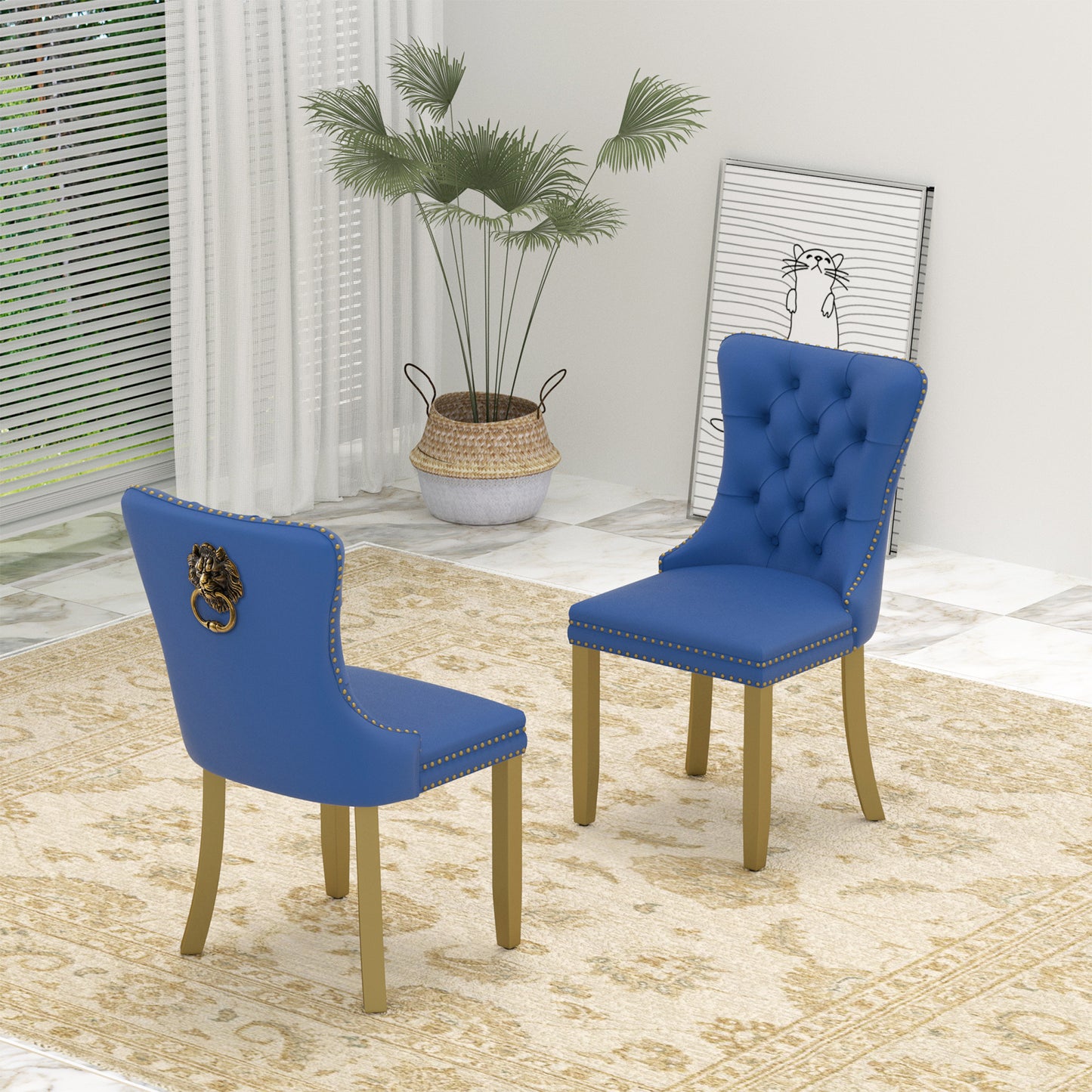 Sumdeal Mid-Century Modern Dining Chairs with Lion Head Pull Ring - High-End Tufted Velvet Upholstered Accent Chairs with Golden Legs & Nailhead Trim