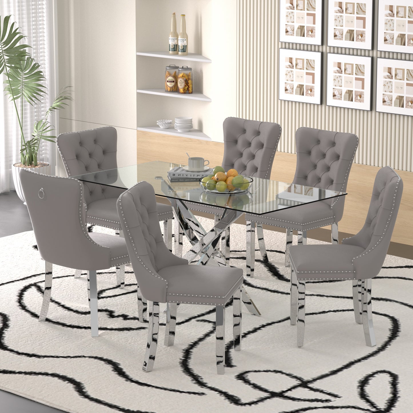 Sumdeal 63" Modern Glass Dining Table Room Sets for 6,Glass Dining Table with Velvet Dining Chairs