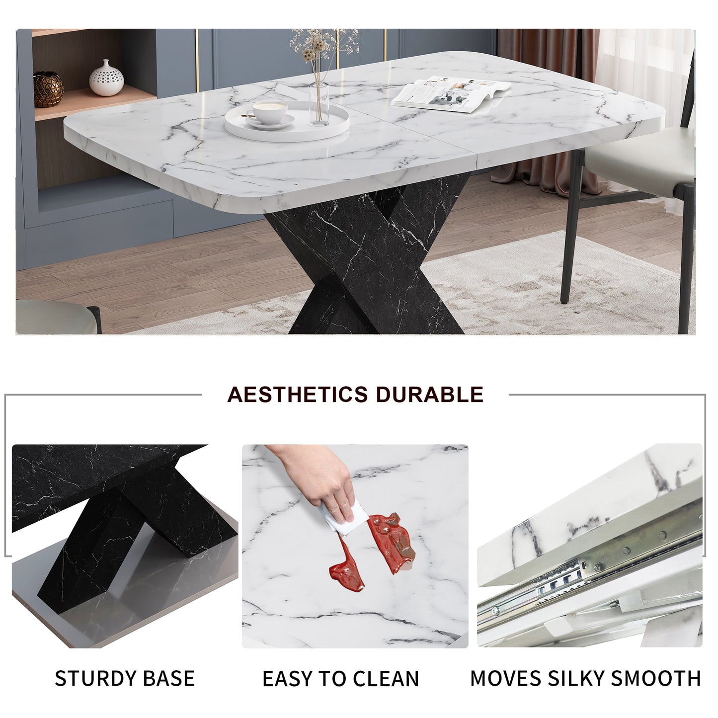 Sumdeal White Modern Dining Stretchable Function, Marble Top, MDF X-Shape Table Leg and Metal Base, 62.99"