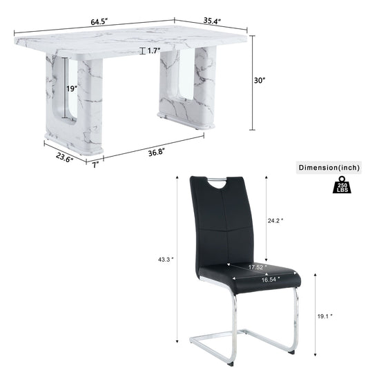Sumdeal Modern 64.5 Inch Marble Textured Dining Table with 4/6 Faux Leather Upholstered Chairs - Elegant Kitchen and Dining Room Set