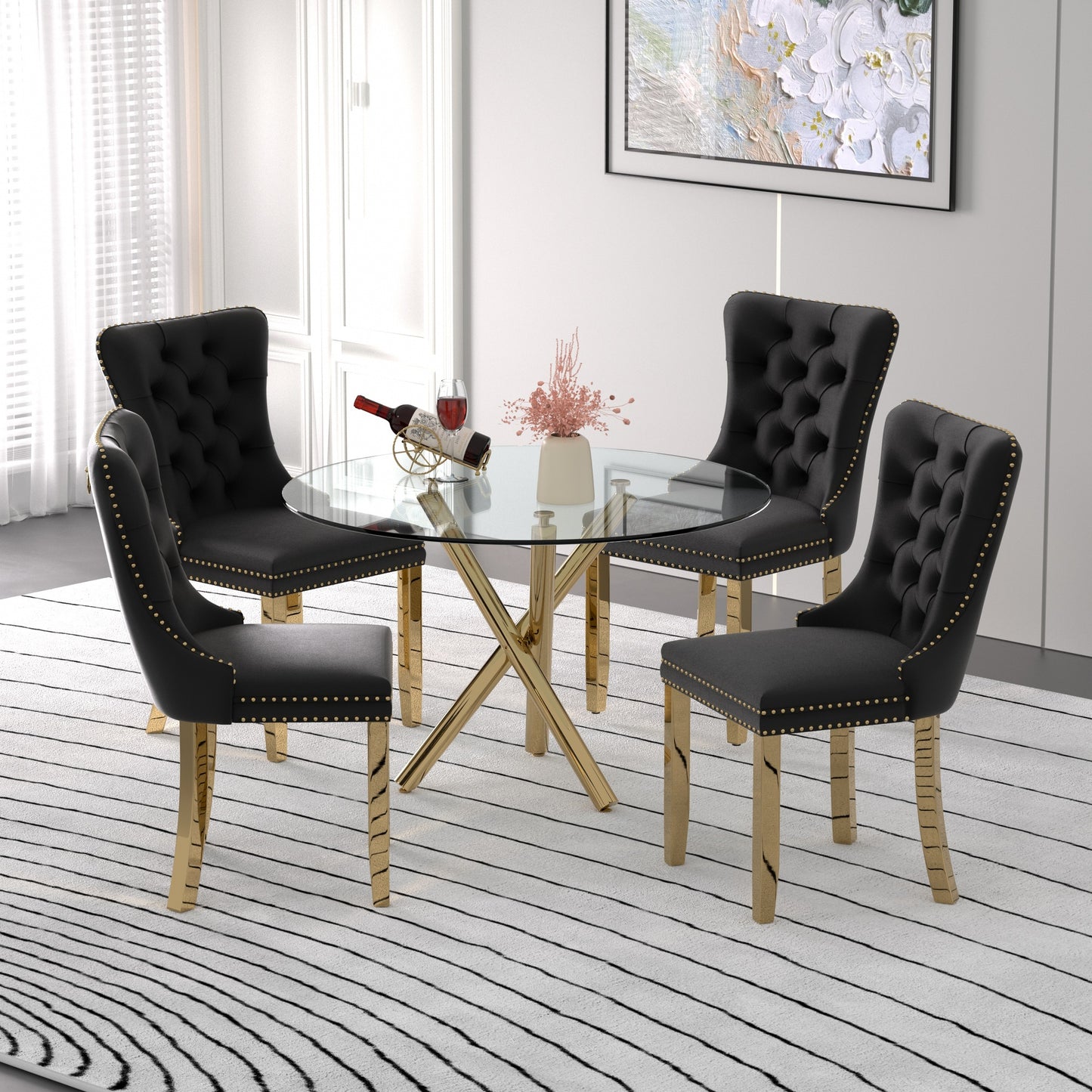 Sumdeal Modern 47" Round Glass Dining Table and 4 Velvet Upholstered Chair Set,Cylindrical table legs