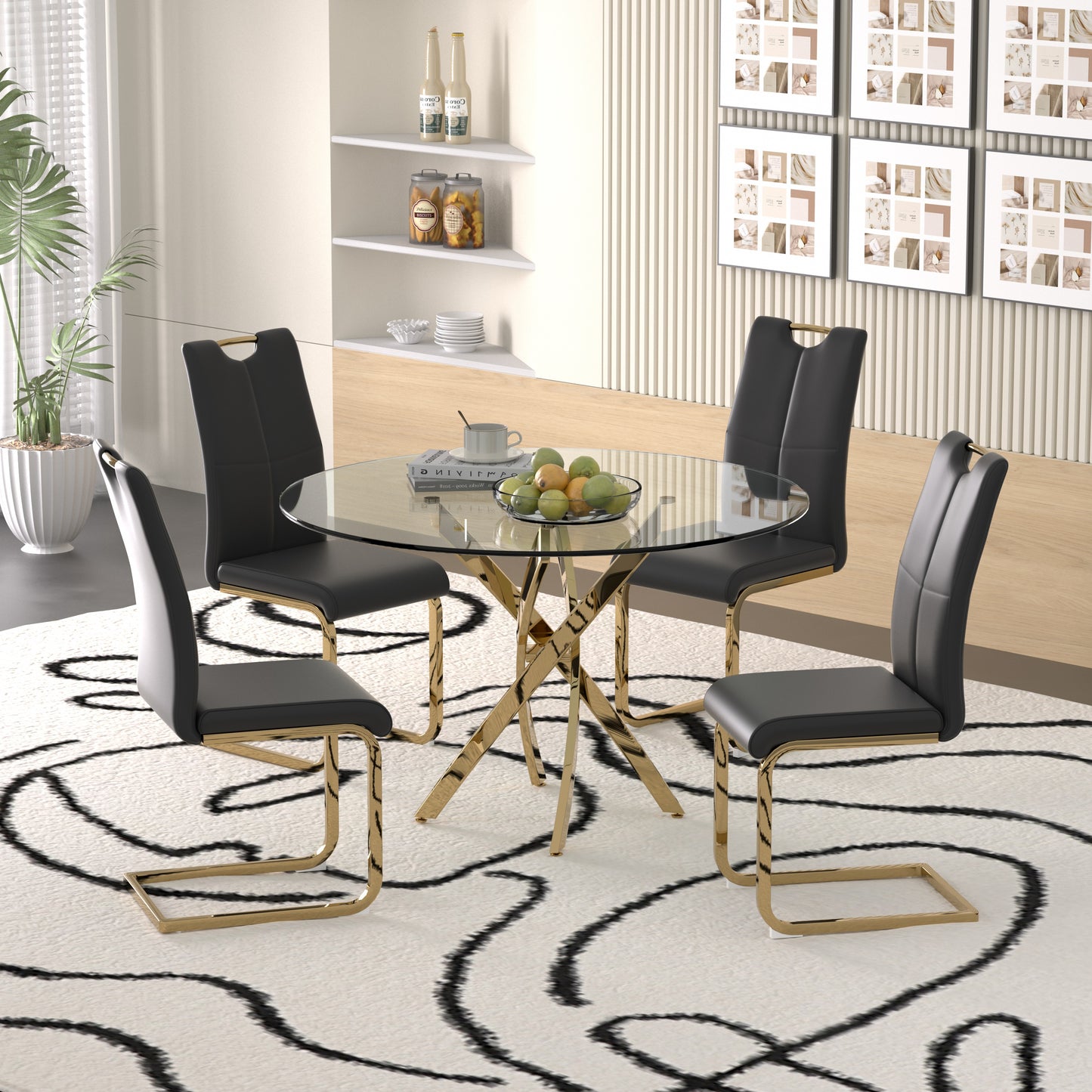 Sumdeal 47" Modern Round Glass Dining Table Room Sets for 4,Dining Table with 4 PU Leather Dining Chairs