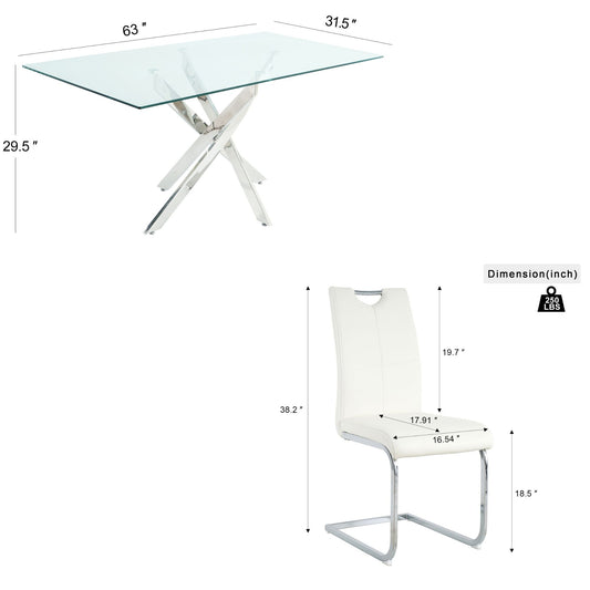 Sumdeal 63" Glass Dining Table Set for 6,Silver Base Dining Room Table with 6 Silver Leg C Shape Chairs