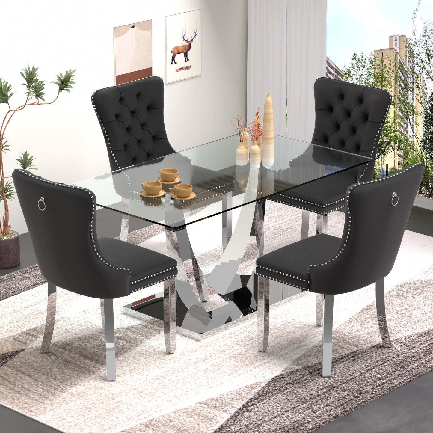 Sumdeal 63" Modern Tempered Glass Dining Room Set , Kitchen & Dining Room Glass Table with Velvet Dining Chairs,Glass Dining Table Set for 4,Glass Dining Table sets for 6