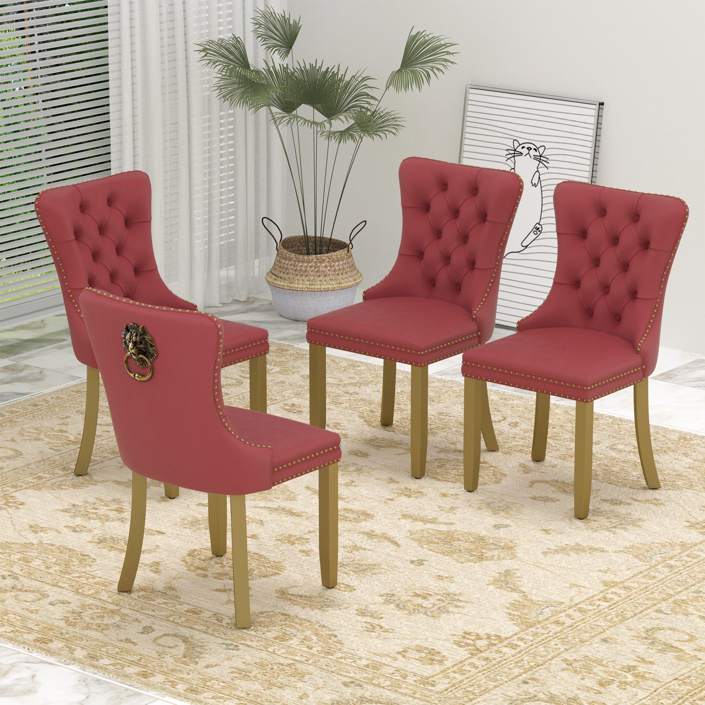 Sumdeal Mid-Century Modern Dining Chairs with Lion Head Pull Ring - High-End Tufted Velvet Upholstered Accent Chairs with Golden Legs & Nailhead Trim