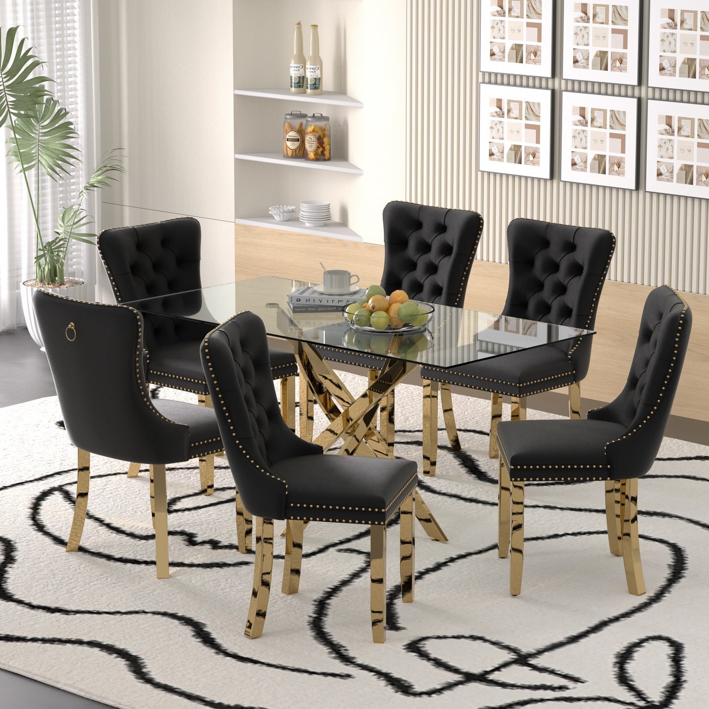 Sumdeal 63" Modern Glass Dining Table Room Sets for 6,Glass Dining Table with Velvet Dining Chairs