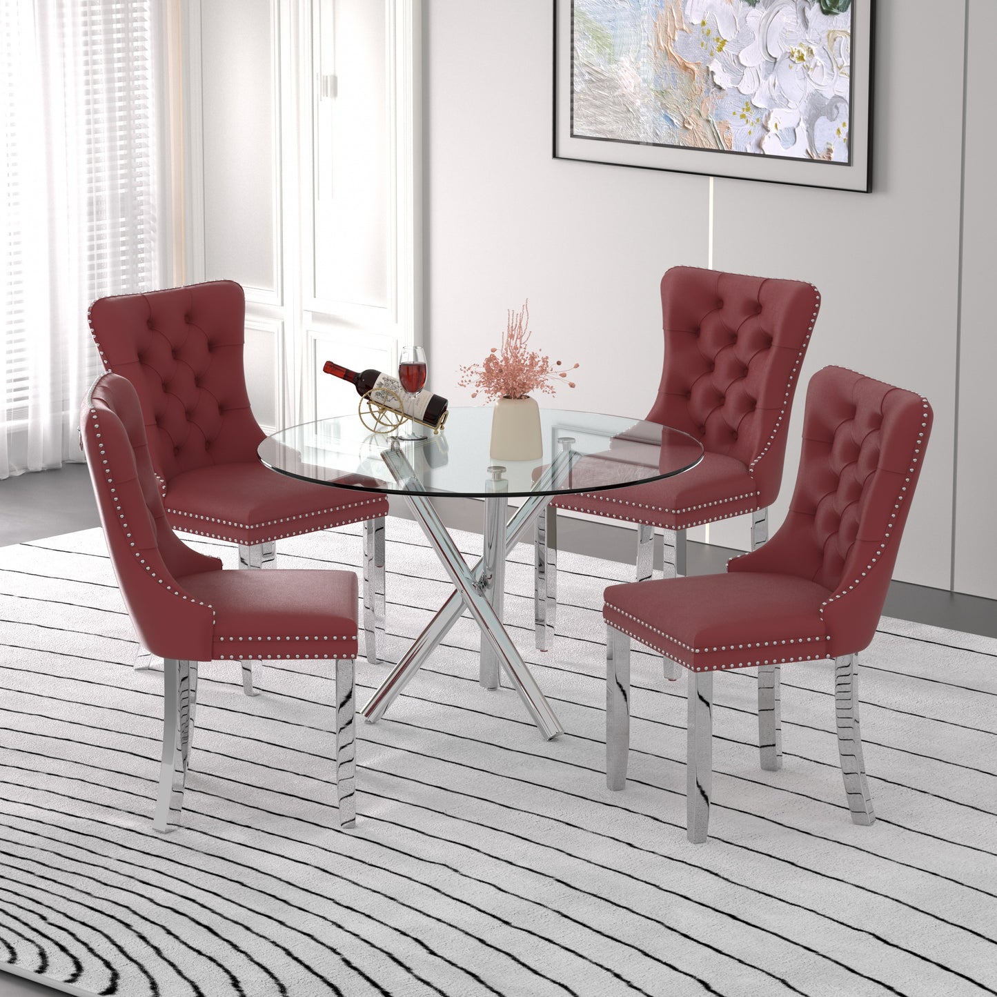 Sumdeal Modern 47" Round Glass Dining Table and 4 Velvet Upholstered Chair Set,Cylindrical table legs