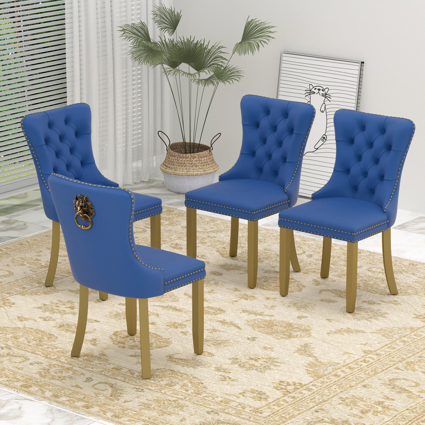 Sumdeal Mid-Century Modern Dining Chairs with Lion Head Pull Ring - High-End Tufted Velvet Upholstered Accent Chairs with Golden Legs & Nailhead Trim