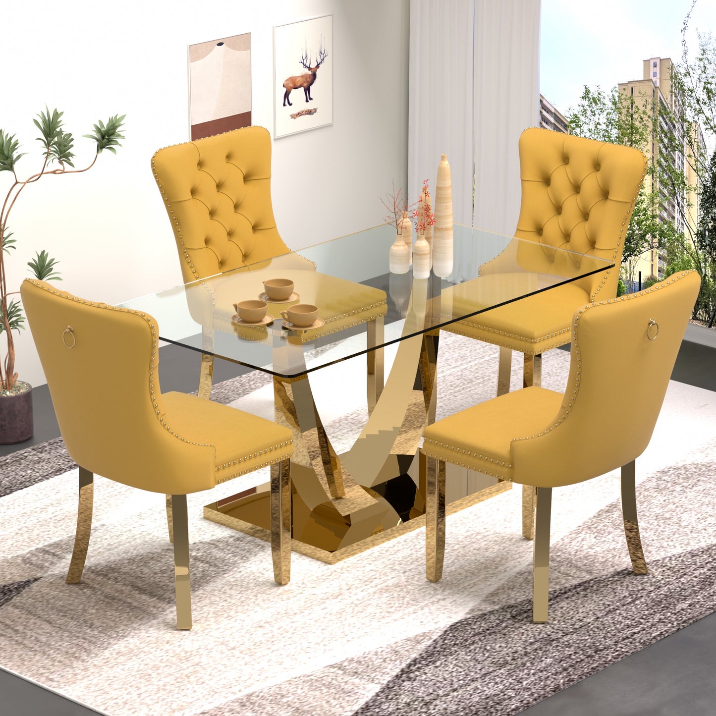 Sumdeal 63" Modern Tempered Glass Dining Room Set , Kitchen & Dining Room Glass Table with Velvet Dining Chairs,Glass Dining Table Set for 4,Glass Dining Table sets for 6