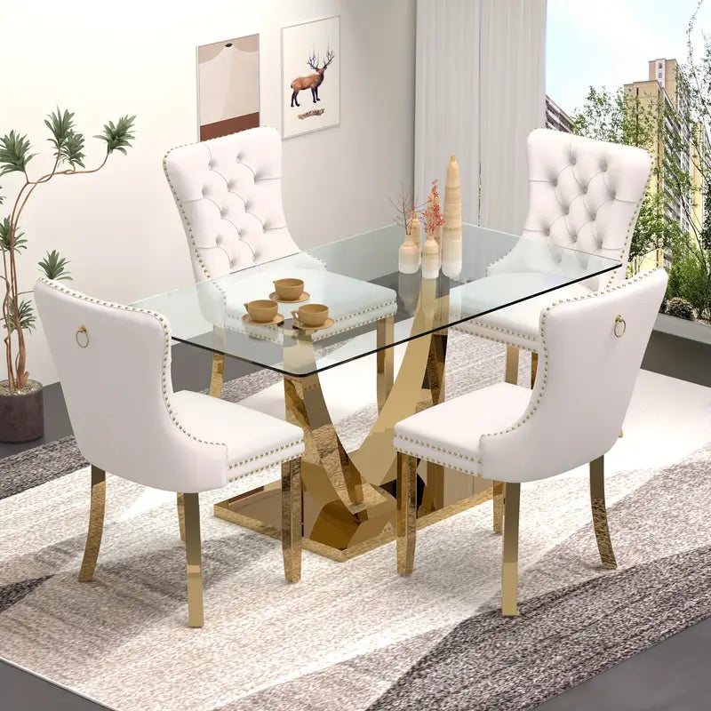 Sumdeal 63" Modern Tempered Glass Dining Room Set , Kitchen & Dining Room Glass Table with Velvet Dining Chairs,Glass Dining Table Set for 4,Glass Dining Table sets for 6