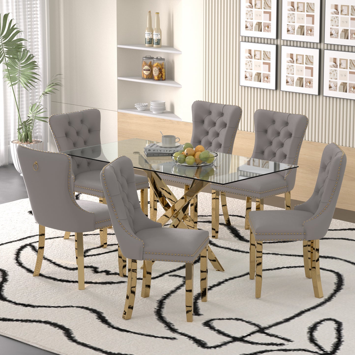 Sumdeal 63" Modern Glass Dining Table Room Sets for 6,Glass Dining Table with Velvet Dining Chairs