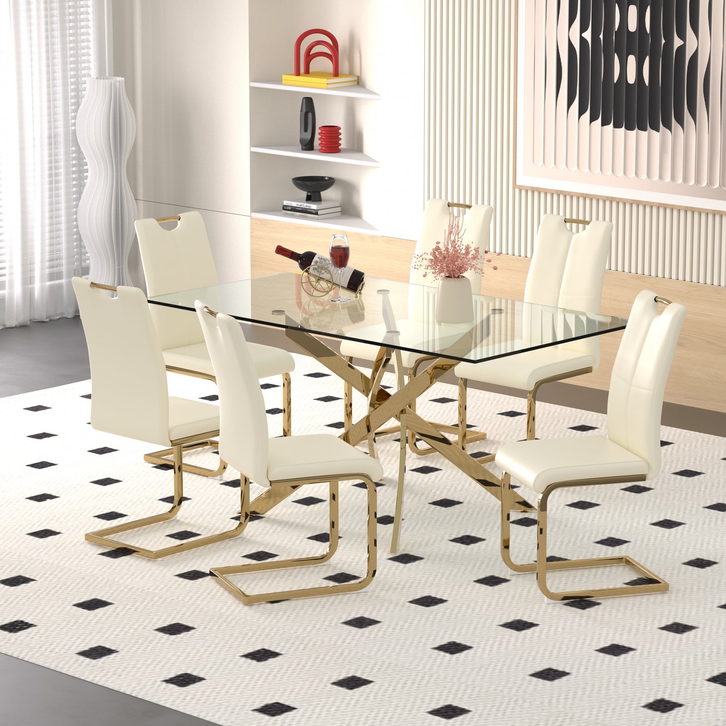 Sumdeal 63" Glass Dining Table Set for 6,Silver Base Dining Room Table with 6 Silver Leg C Shape Chairs