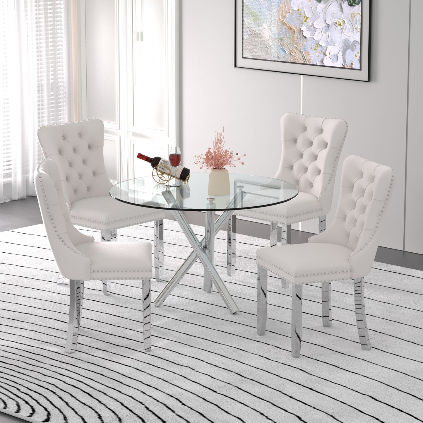 Sumdeal Modern 47" Round Glass Dining Table and 4 Velvet Upholstered Chair Set,Cylindrical table legs