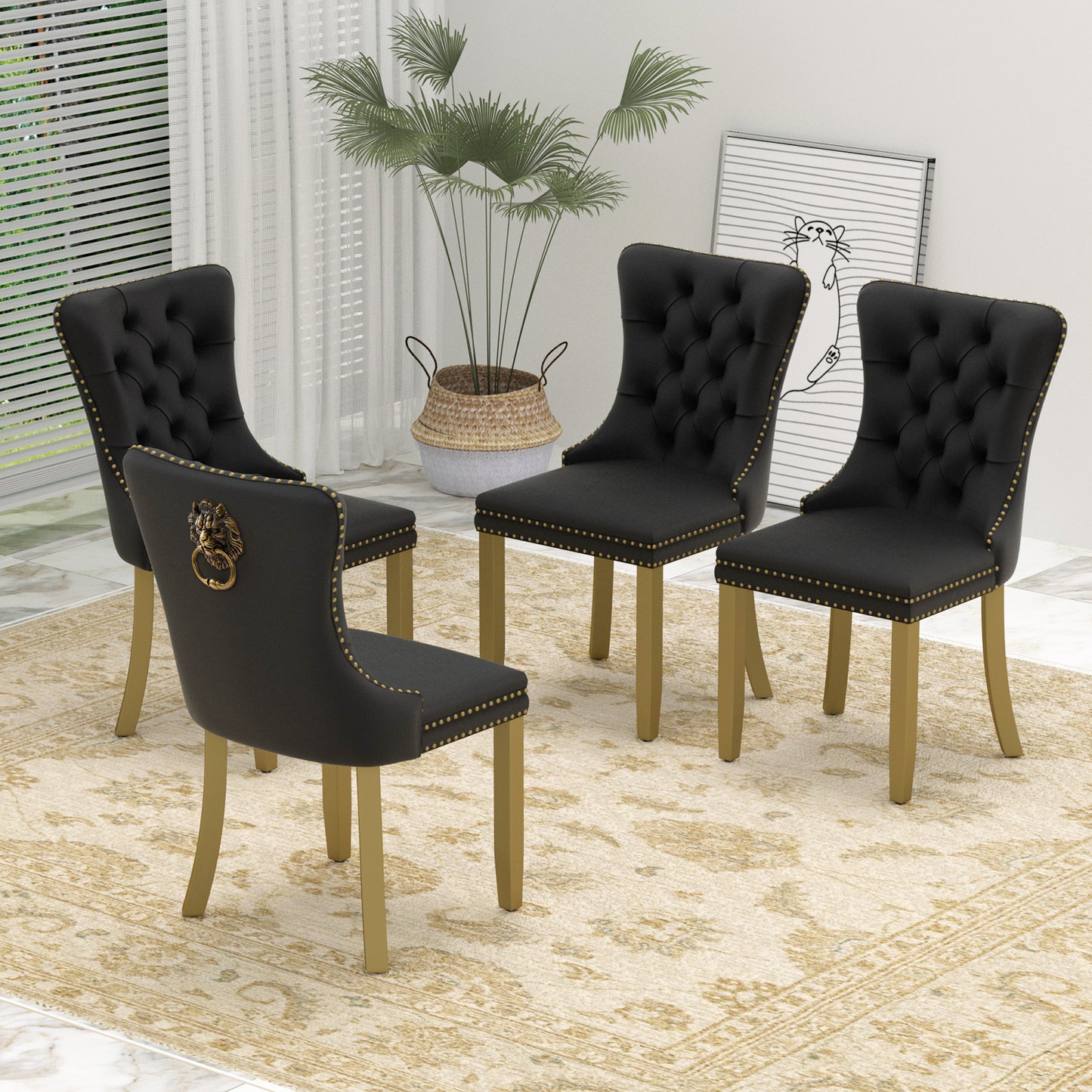 Sumdeal Mid-Century Modern Dining Chairs with Lion Head Pull Ring - High-End Tufted Velvet Upholstered Accent Chairs with Golden Legs & Nailhead Trim