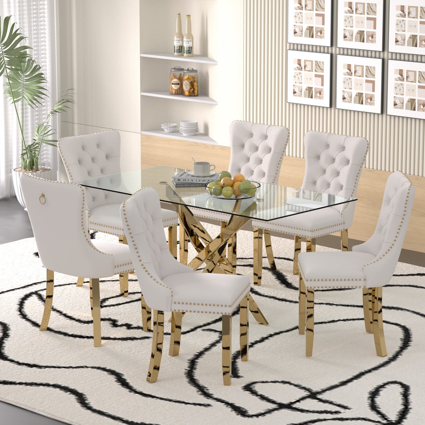 Sumdeal 63" Modern Glass Dining Table Room Sets for 6,Glass Dining Table with Velvet Dining Chairs