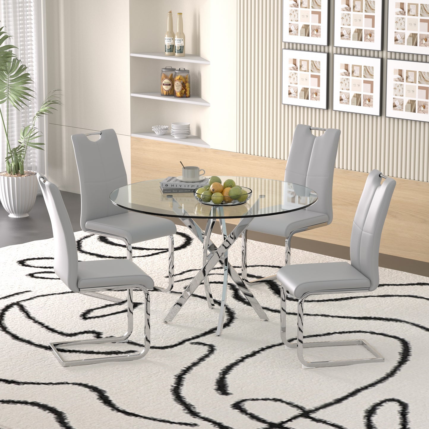 Sumdeal 47" Modern Round Glass Dining Table Room Sets for 4,Dining Table with 4 PU Leather Dining Chairs