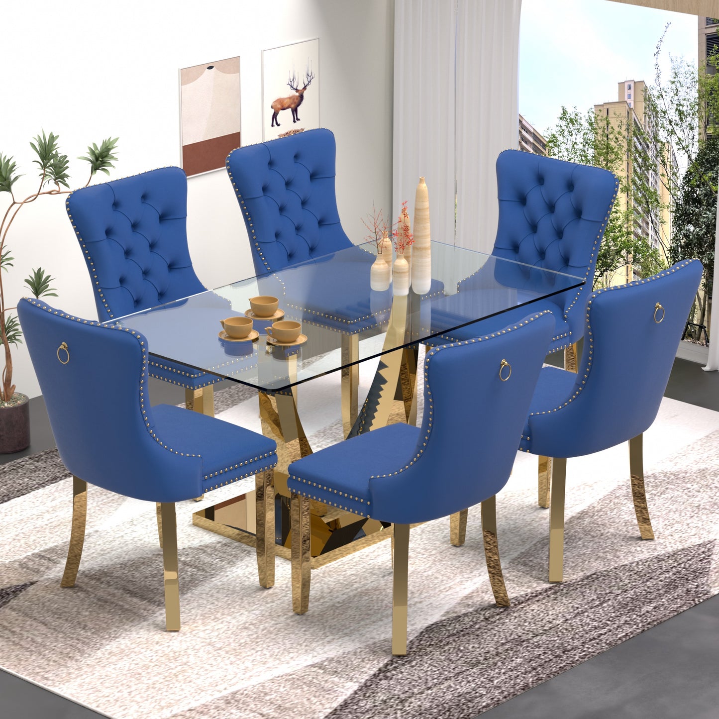 Sumdeal 63" Modern Tempered Glass Dining Room Set , Kitchen & Dining Room Glass Table with Velvet Dining Chairs,Glass Dining Table Set for 4,Glass Dining Table sets for 6
