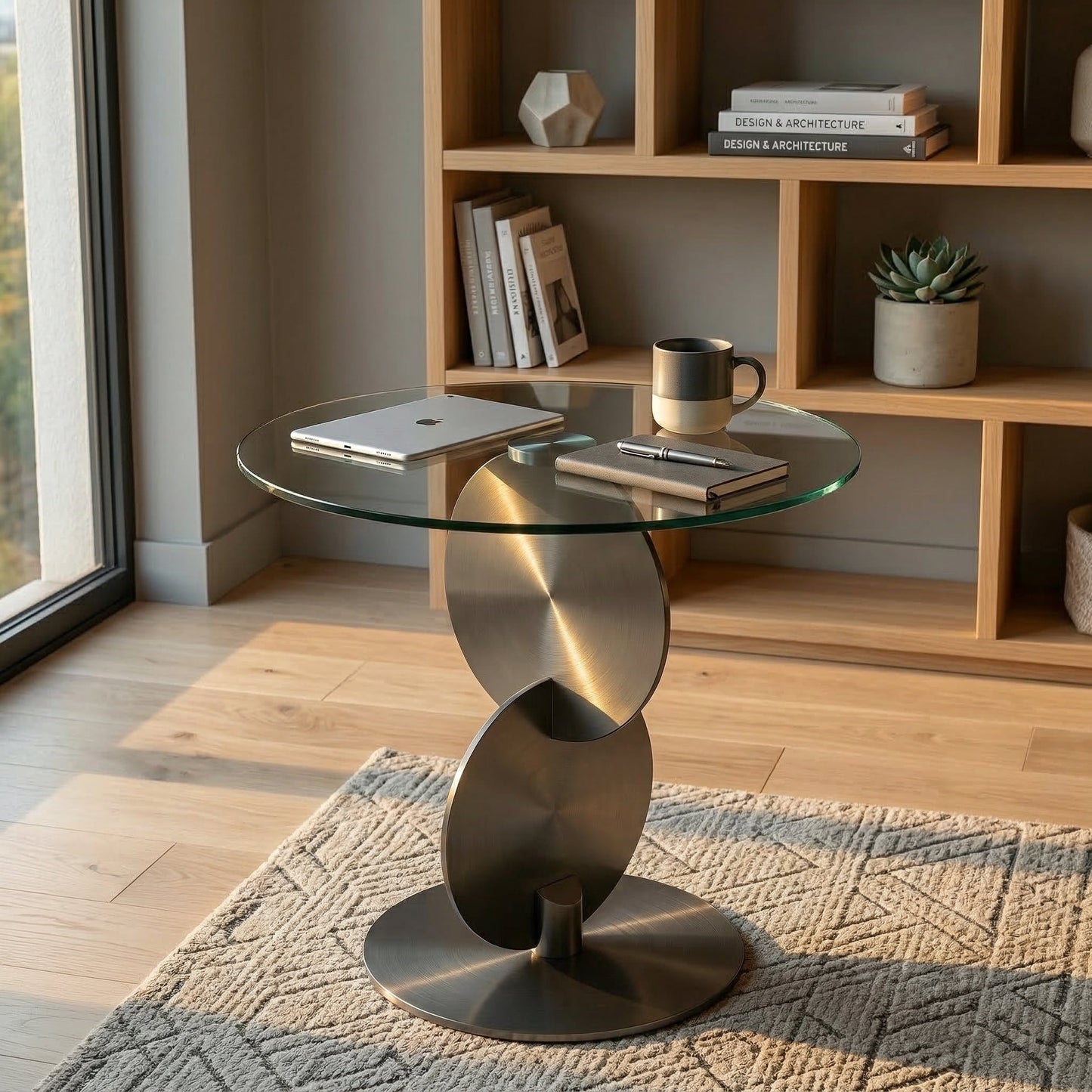 Sumdeal round grey tempered glass side table with brushed stainless steel spiral base