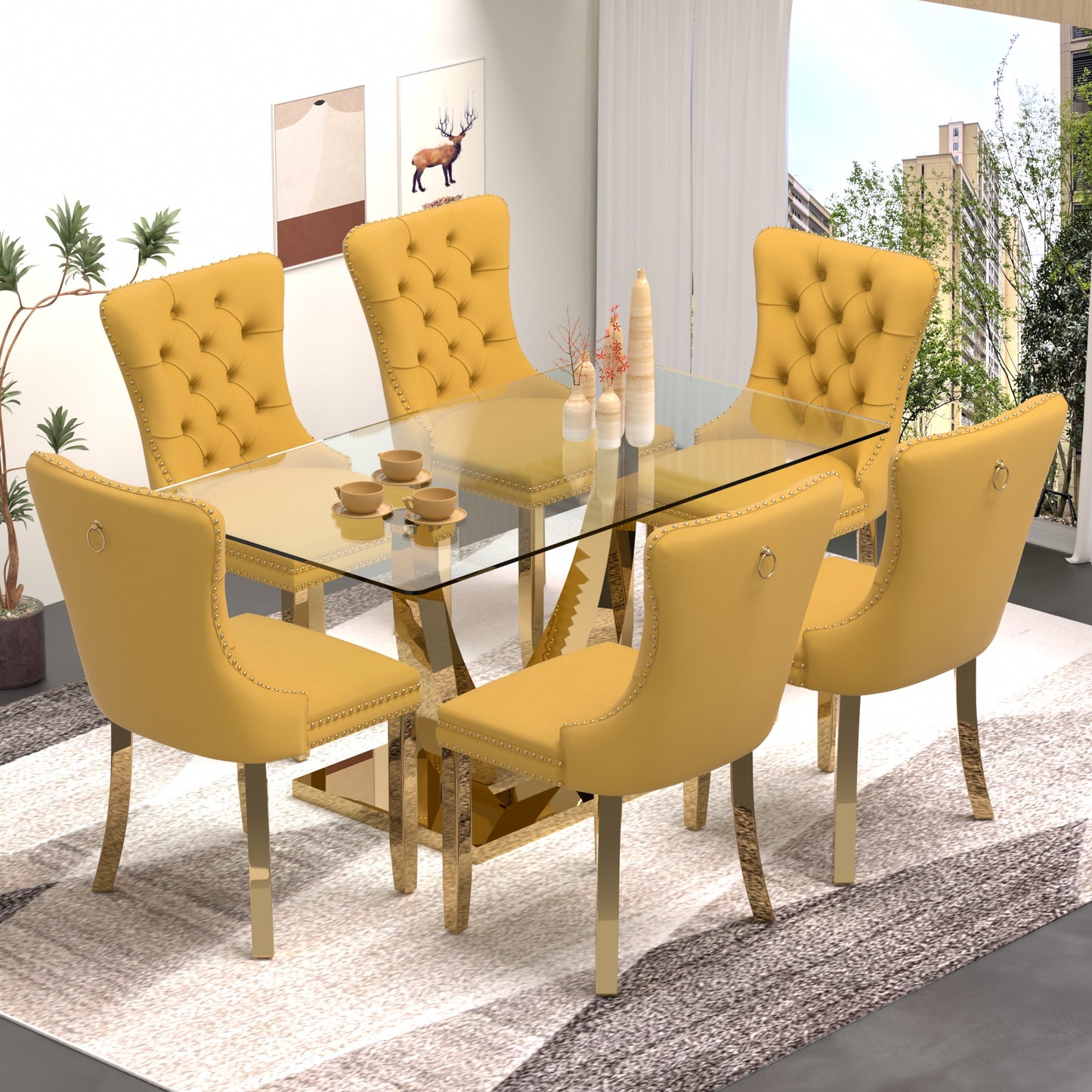 Sumdeal 63" Modern Tempered Glass Dining Room Set , Kitchen & Dining Room Glass Table with Velvet Dining Chairs,Glass Dining Table Set for 4,Glass Dining Table sets for 6