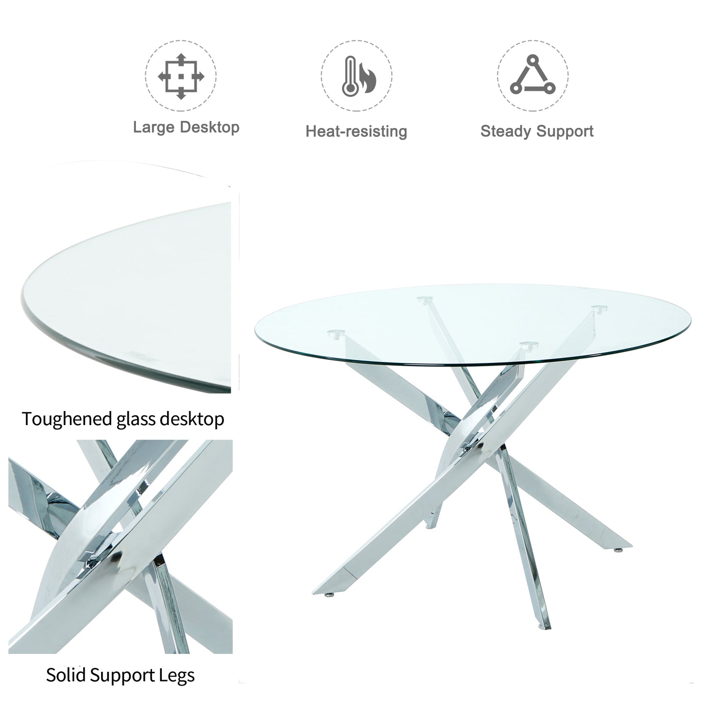 Sumdeal 47" Modern Round Glass Dining Table Room Sets for 4,Dining Table with 4 PU Leather Dining Chairs